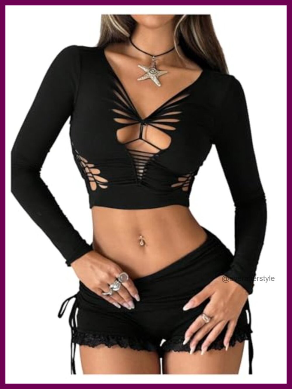 Women's Cut Out Deep V Neck Long Sleeve Crop Tee Y2k Slim Fit Top